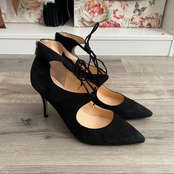 Shoes - Black suede point toe lace up heels